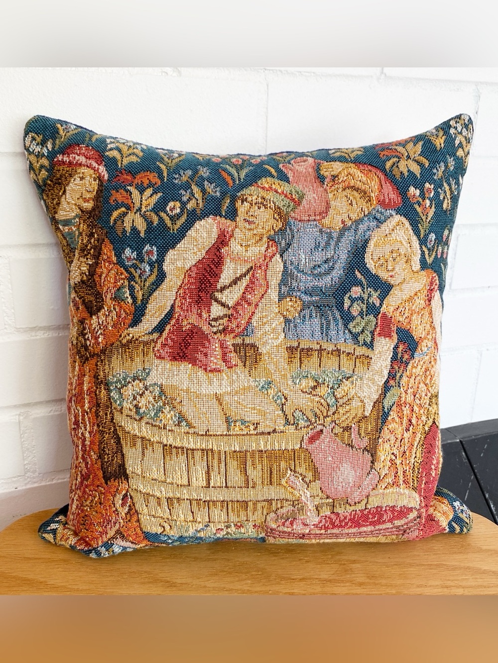 Vintage French Tapestry Pillow Wine Press 12x12 Throw Decorative Velvet Medieval